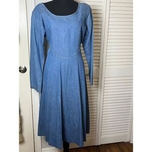 Vtg Womens Denim Long Sleeve Midi Dress Tickets California 80s Western Prarie LG